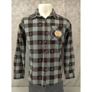 Magellan Shiner Bock Beer Flannel Top Women Medium Blue Plaid Button Long Sleeve